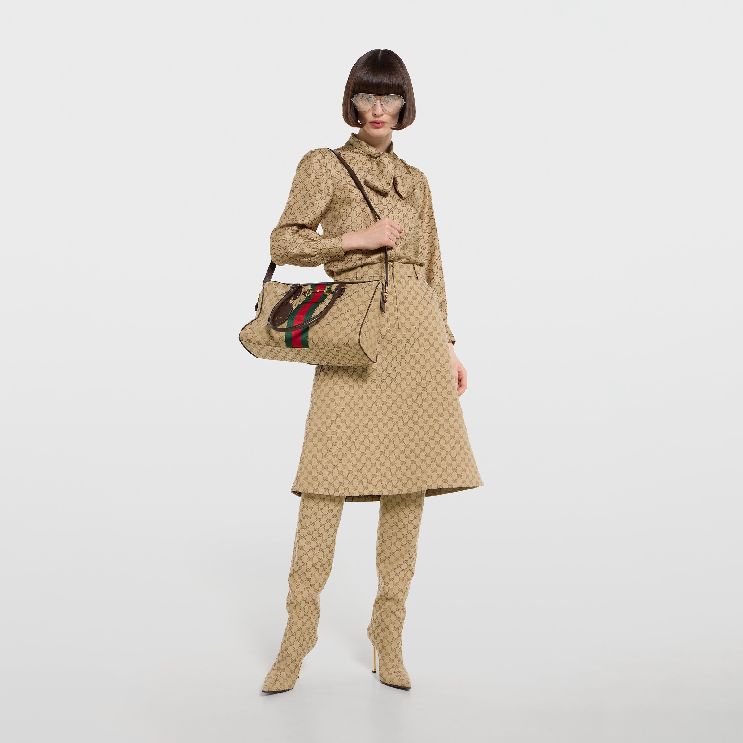 Borsetto large boston bag in sand and brown GG canvas | GUCCI® AE