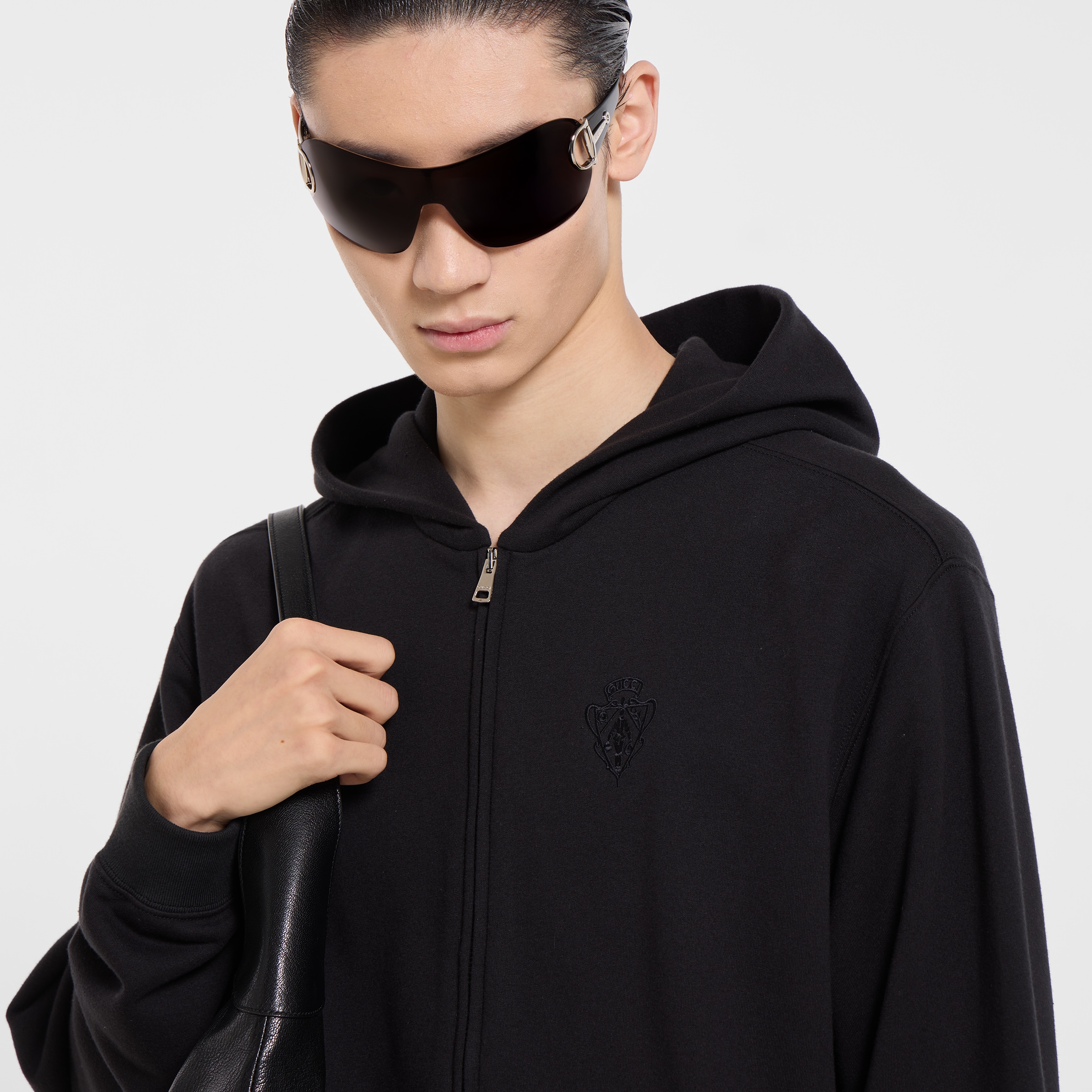 Cashmere blend zip jacket with embroidery in black | GUCCI® US