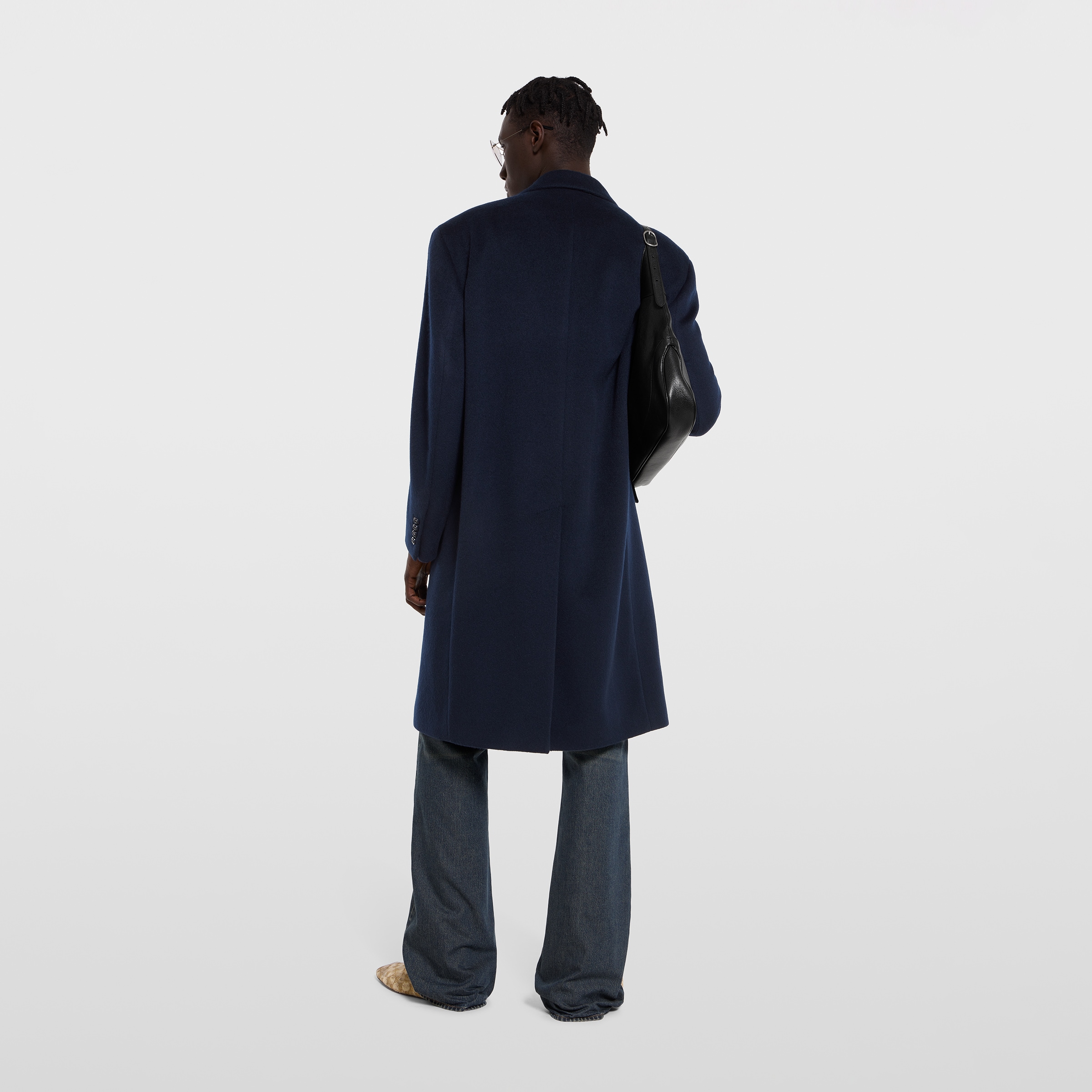 Double-breasted light cashmere coat in dark blue | GUCCI® US