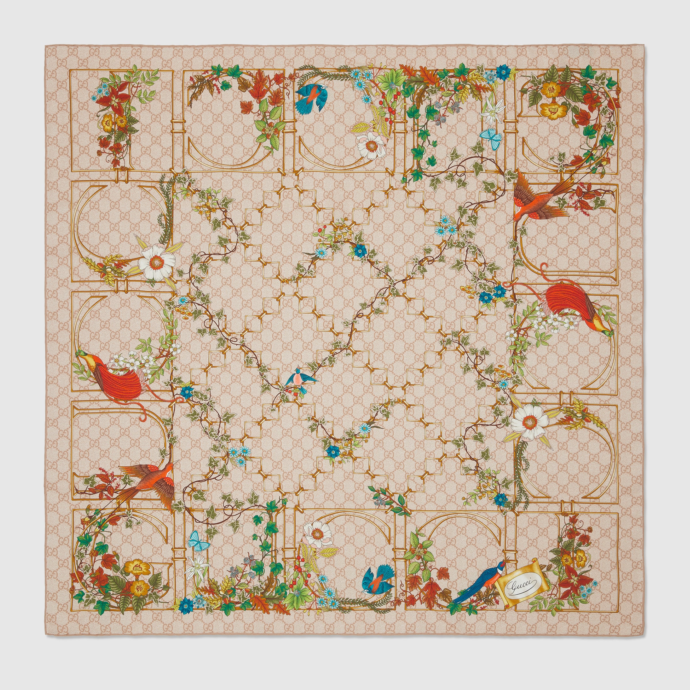 GUCCI print silk scarf / グッチ プリントシルクスカーフ プリント シルクツイル スカーフ ・アイボリー＆マルチカラー | GUCCI公式