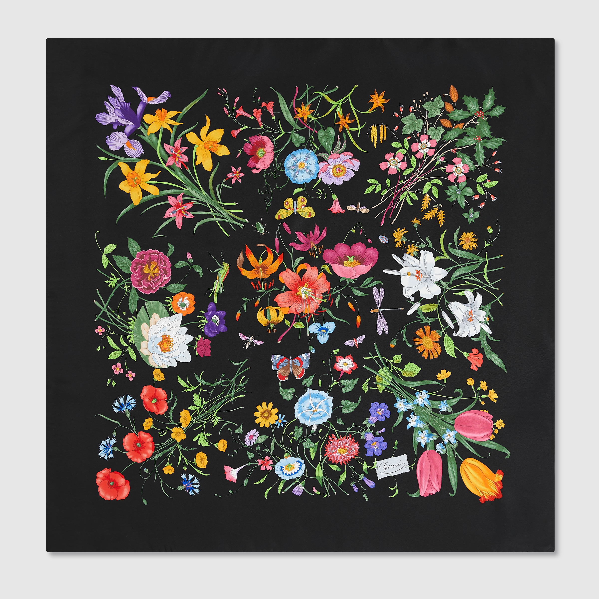 Printed Flora silk twill carré in black and multicolor | GUCCI® CA