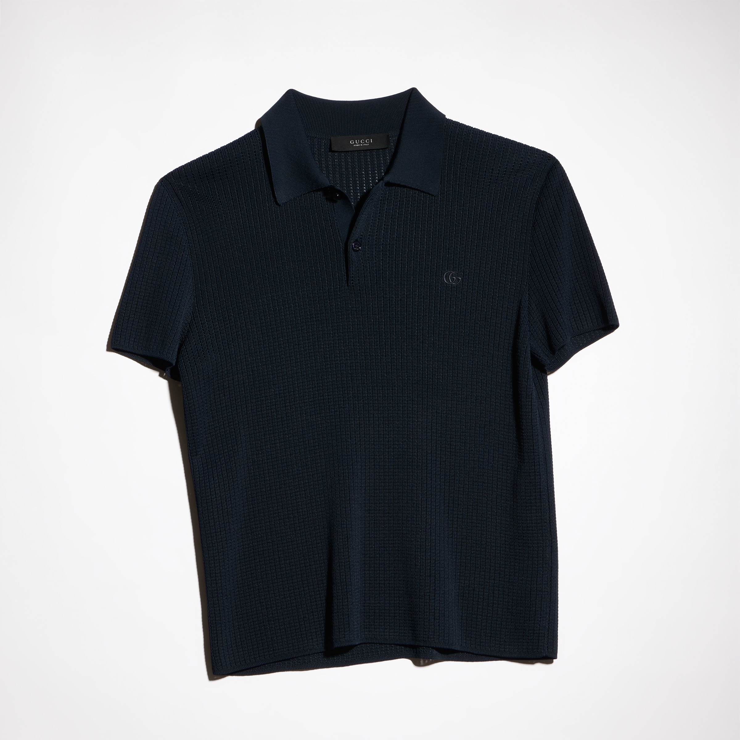 Technical knit fabric polo shirt with embroidery in dark blue