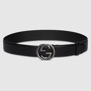 Men s Slim Black Leather Belt With Gold Double G Buckle GUCCI AE