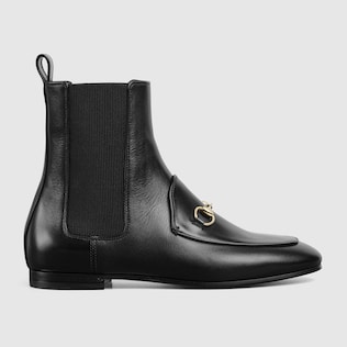 Women s ankle boot with Web in black shiny leather GUCCI AE