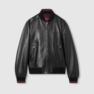 Black Leather Jacket With Web GUCCI AE