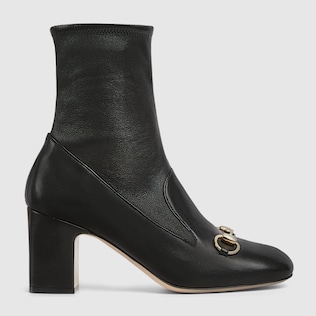 Women s Horsebit ankle bootie in black stretch leather GUCCI AE