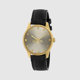 G-Timeless Watch, 29mm In Black Leather & Yellow Gold PVD | GUCCI® US