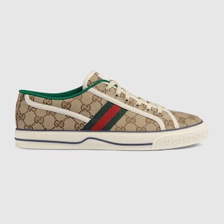 Men s Gucci Tennis 1977 high top trainer in beige and ebony GG canvas GUCCI UK