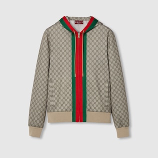 Giacca con cerniera in jersey tecnico con stampa GG in beige ed ebano GUCCI Italia