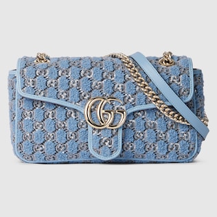 GG Marmont shoulder bag with crystals in blue GG denim GUCCI Canada