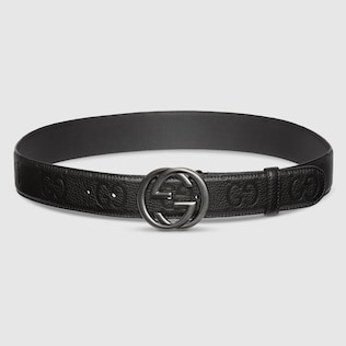 Black Leather Belt With Matte Black Interlocking G GUCCI ZA