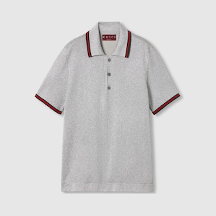 Fine wool knit polo top with intarsia in dark blue | GUCCI® US