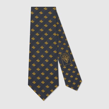 GUCCI Checked Bee Jacquard Silk Tie