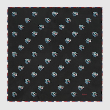 GUCCI Wolf Print Silk Pocket Square