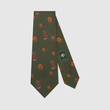 GUCCI Snakes And Flowers Patterns Silk Tie