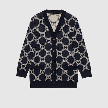 GUCCI Reversible GG Wool Jacquard Cardigan, Size XXL