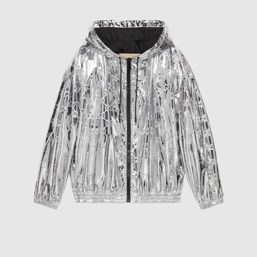 Gucci Shiny Finish Hooded Jacket With Elasticated Cuffs In Silver