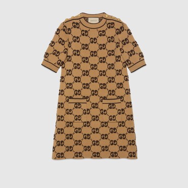 GUCCI GG Wool Bouclé Jacquard Dress, Size XXL