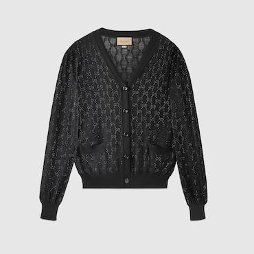 GUCCI Fine Wool GG Crystal Cardigan, Size xxx-small