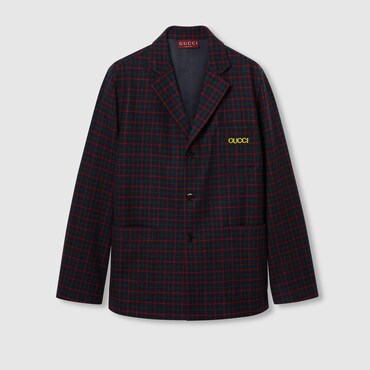 GUCCI Embroidered Check Wool Flannel Jacket, Size 54 IT