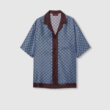 GUCCI Regular Fit Printed Silk Twill Shirt, Size 50