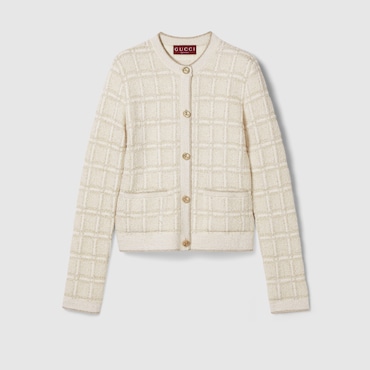 GUCCI Wool And Lamé Check Jacquard Cardigan, Size XXS