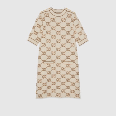 GUCCI GG Wool Bouclé Jacquard Dress, Size XL