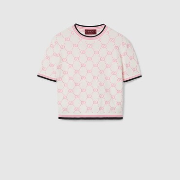 GUCCI Cotton Crewneck Top With GG Intarsia, Size XL