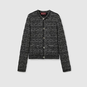 GUCCI Wool And Lamé Check Jacquard Cardigan, Size XXS