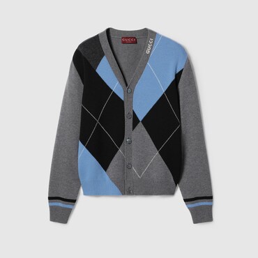 GUCCI Wool Cashmere Argyle Knit Cardigan, Size XL