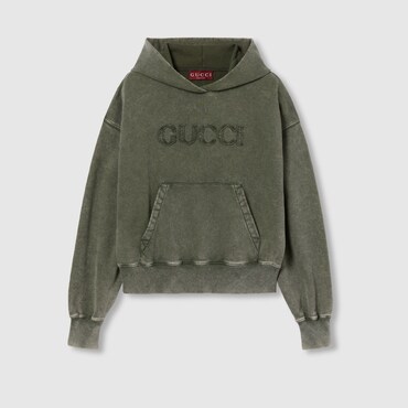 GUCCI Embroidered Cotton Jersey Hooded Sweatshirt, Size M