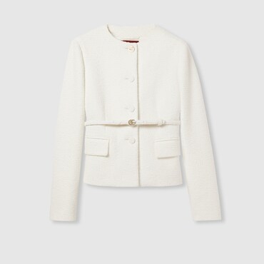 GUCCI Cotton Bouclé Belted Jacket, Size 42 IT