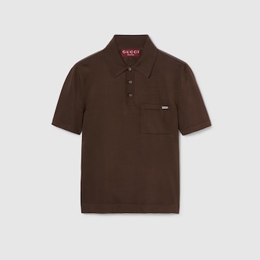 GUCCI Fine Silk Knit Polo Top With Intarsia, Size XL