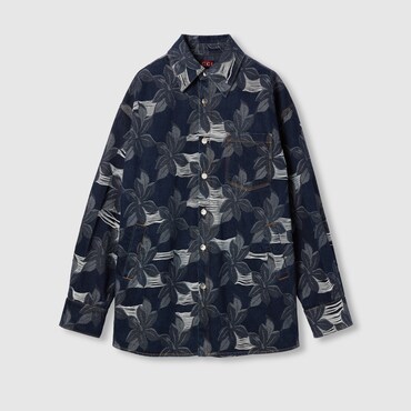 GUCCI Cotton Denim Floral Jacquard Shirt, Size 52 IT