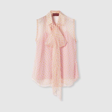 GUCCI Printed Silk Top With Neck Bow, Size 44 IT