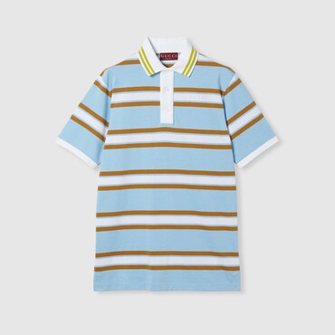 GUCCI Striped Cotton Jersey Polo Top, Size S