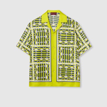 GUCCI Printed Silk Twill Bowling Shirt, Size 56