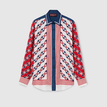 GUCCI Silk Twill Printed Shirt, Size 40 IT