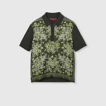 GUCCI Printed Silk Cotton Knit Polo Shirt, Size M