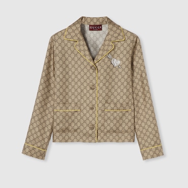 GUCCI GG Silk Twill Shirt With Print, Size 48 IT