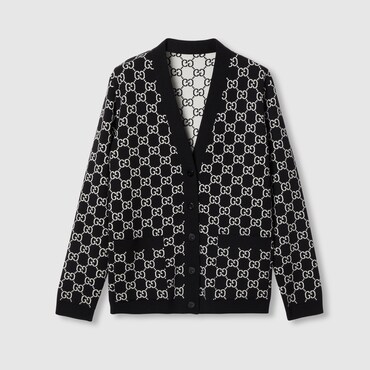 GUCCI Reversible GG Wool Jacquard Cardigan, Size XL