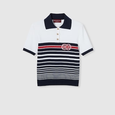 GUCCI Cotton Stitch Polo Top With Intarsia, Size XXL