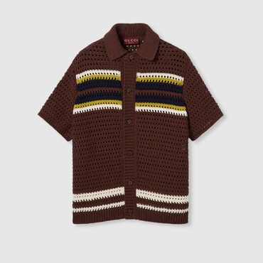 GUCCI Polo À Rayures En Maille De Coton Au Crochet, Taille S