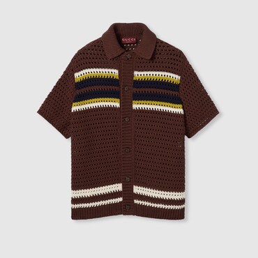 GUCCI Crochet Cotton Knit Polo Shirt With Stripes, Size S