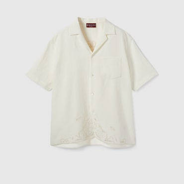 GUCCI Linen Bowling Shirt With Embroidery, Size 46