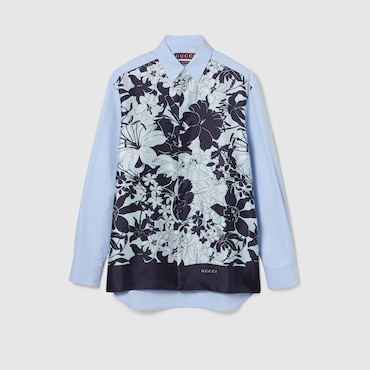 GUCCI Printed Cotton Silk Twill Shirt, Size 17++