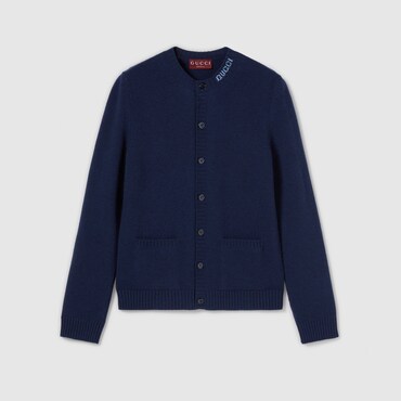 GUCCI Felted Wool Knit Cardigan With Intarsia, Size S