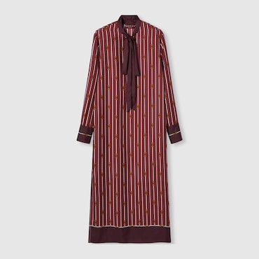 GUCCI Printed Silk Twill Dress With Bow, Size 50 IT