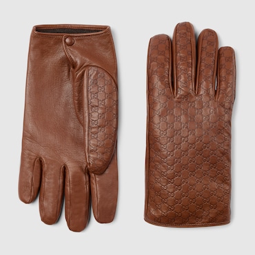GUCCI Embossed GG Leather Gloves, Size 8