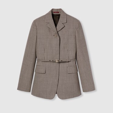 GUCCI Gingham Wool Jacket With Belt, Size 38 IT